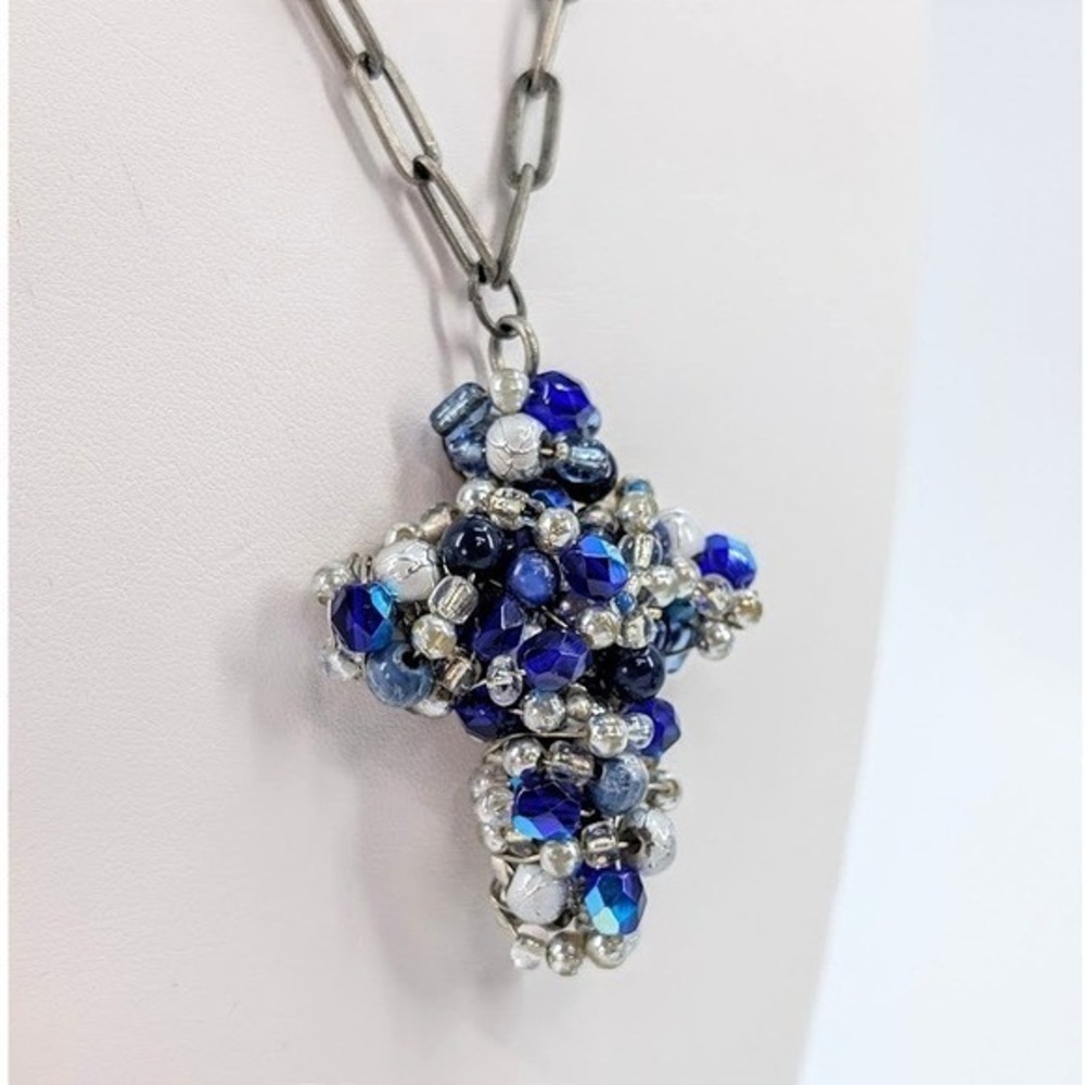 Cross Necklace Blue Beaded Wire Wrapped‎ Paperclip Chain Statement Cyber Y2K